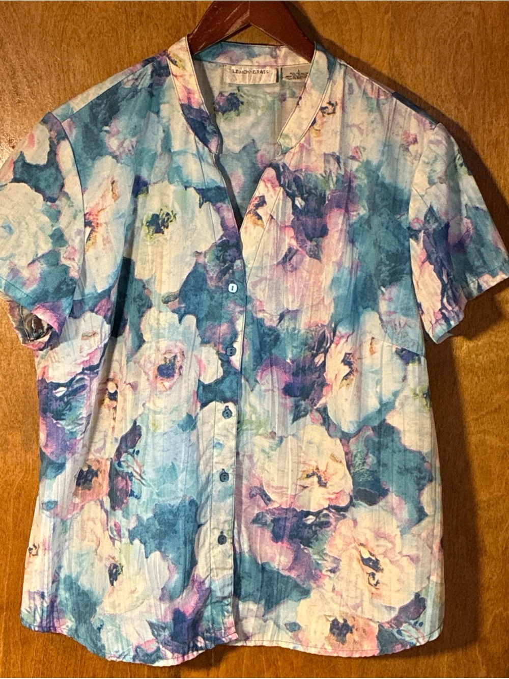 Lemon Grass Water Lily Print Blouse Sz L Mandarin Collar Coastal Grandma Summer